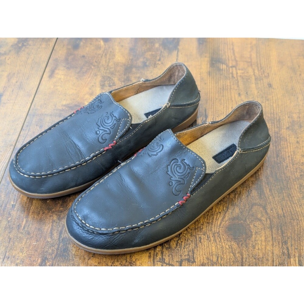 OLUKAI Nohea Black Buck Leather Boat Beach Slip On Loafers Flats Shoes 7.5